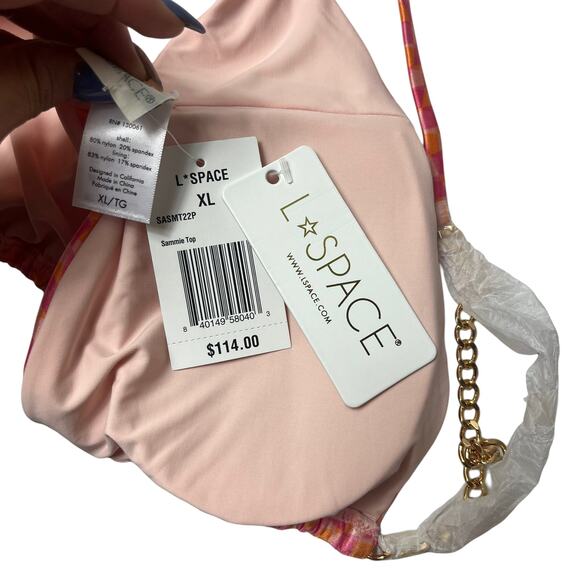 L*SPACE Sammie Bikini Top Heat Waves Pink Abstract Chain Strap U Front XL NEW - Picture 6 of 7